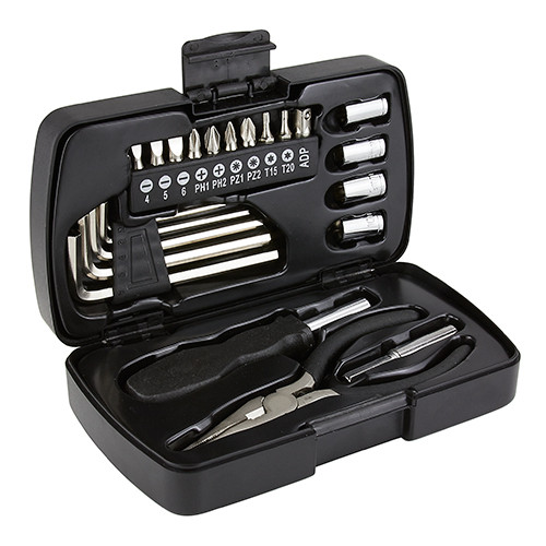 Set de herramientas Authie: contiene pinzas de punta, 5 llaves hexagonales, 10 puntas de desarmador, desarmador, dado extensión y 4 dados. Incluye estuche.