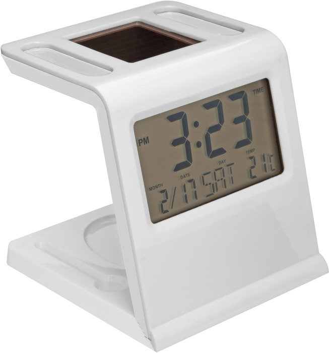 Reloj solar Newman: Reloj, alarma, temporizador, fecha, día y temperatura. Sin la luz solar cambia automáticamente y funciona con una batería botón. Dos compartimentos para bolígrafo y espacio imantado para guardar clips. 
