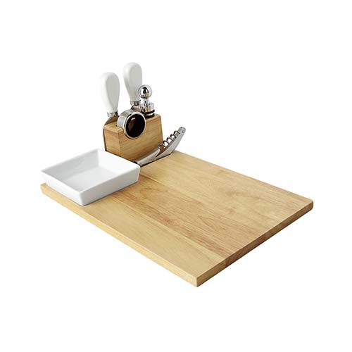 Tabla Marmore: base con 2 accesorios de cocina, plato de cerámica, sacacorchos con navaja, stopper y arillo.
