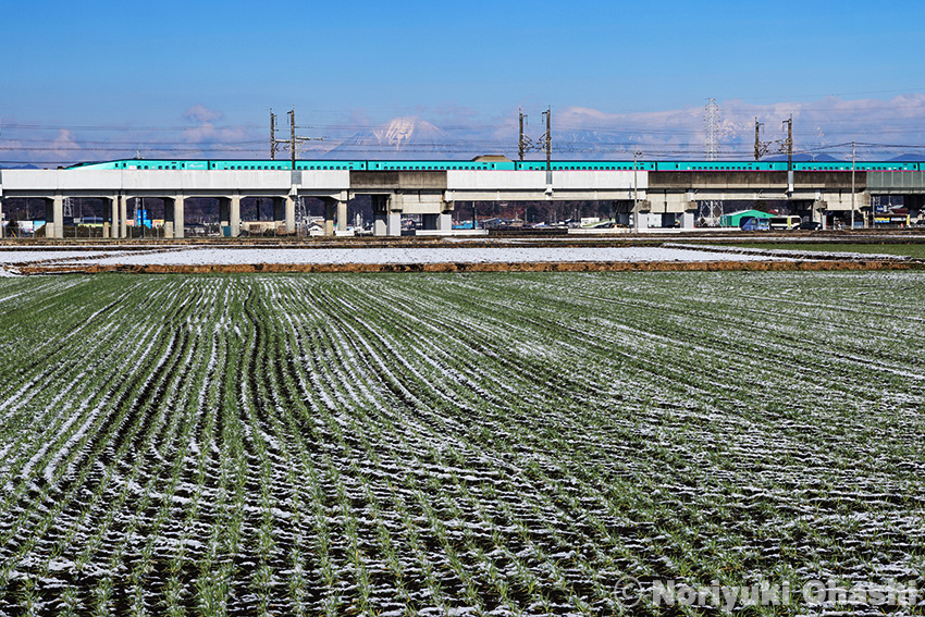 麦畑に積もった雪と男体山と東北新幹線