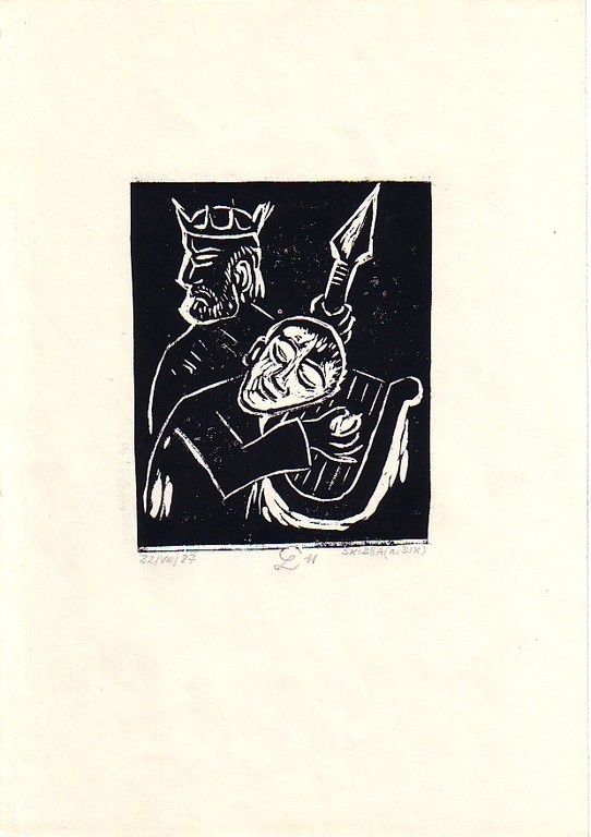 ""David vor Saul" (Variation zu O.Dix) (1987, Linolschn.)