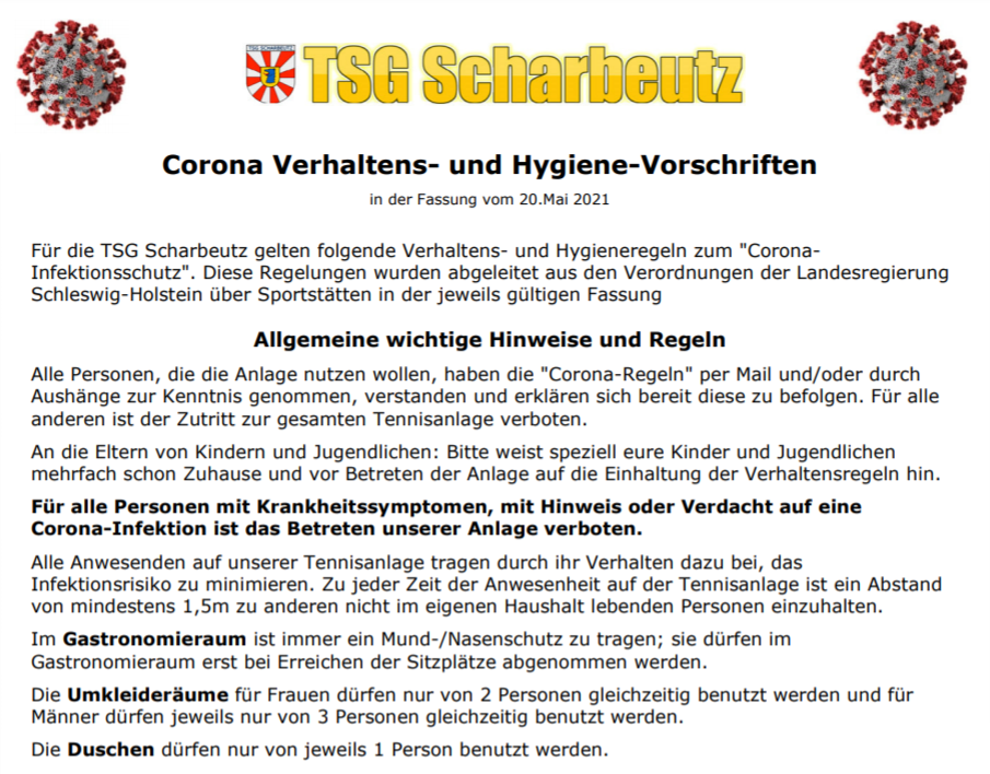 ❗️Die Corona Verhaltensweisen- und Hygiene-Vorschriften auf der TSG-Anlage