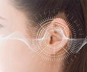 装用閾値測定。まず補聴器をつけていない状態での聞こえを測定します。音がかすかでも聞こえた時に応答ボタンを押して頂きます。結果は△で表示します。この△が下にあるほど、聞きにくいということを表しています。次に補聴器を着けて同様の測定を行います。結果は▲で表示します。表は縦軸が聴力レベル、横軸が周波数です。この表で見ますと、1000Hzでは補聴器なしで60dBの大きさで聞こえていたのが、補聴器ありでは30dBの大きさでも聞こえるよう改善しています。この差30dBをファンクショナルゲインと言い、補聴器の効果を表し