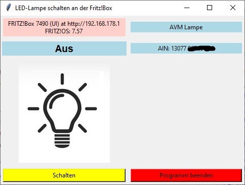 Python-Tkinter-Programm GUI für die AVM LED. Lampe ist aus.