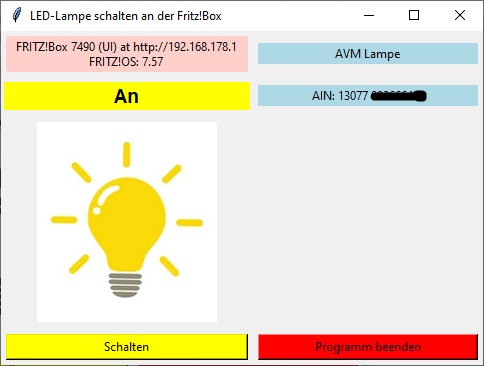 Python-Tkinter-Programm: GUI für die AVM LED. Lampe ist an.