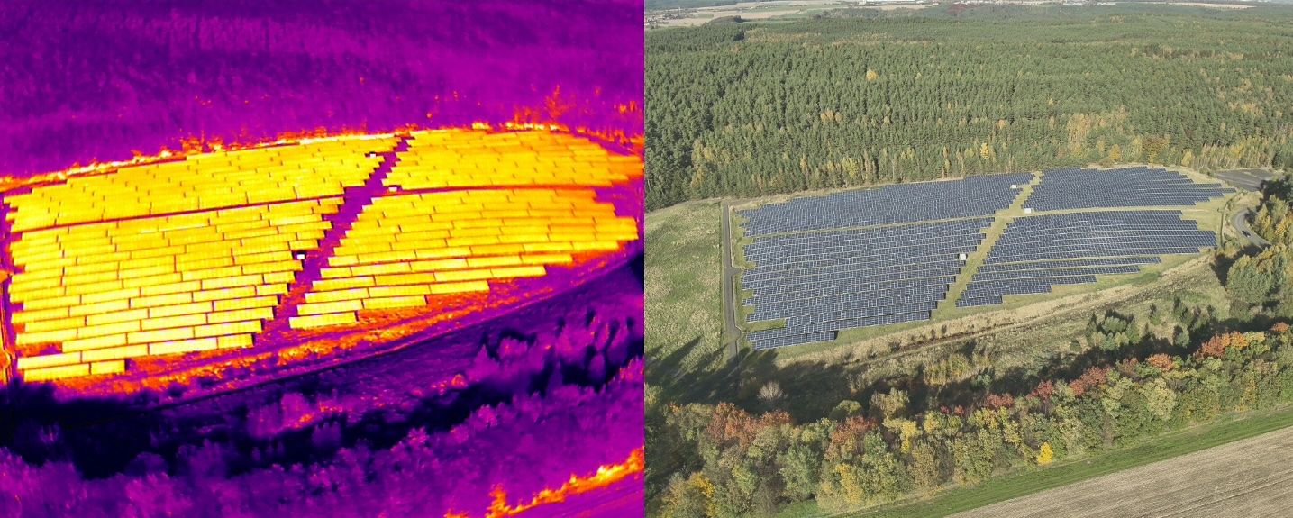 Thermografische Gesamtaufnahme und Luftbild eines 3-MWp-Solarparks in Thüringen zur Dokumentation und Analyse von Photovoltaikmodulen.