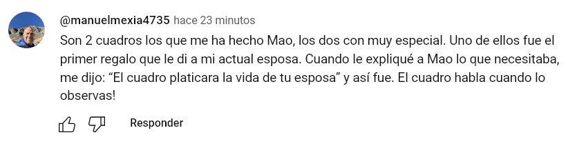 Comentario de YouTube de Manuel Mexía sobre su experiencia con dos retratos personalizados de Morán Estudio de Arte como regalo especial