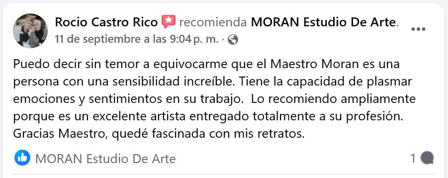 Reseña de Facebook de Rocio Castro Rico recomendando a Morán Estudio de Arte por la sensibilidad y calidad de sus retratos pintados a mano