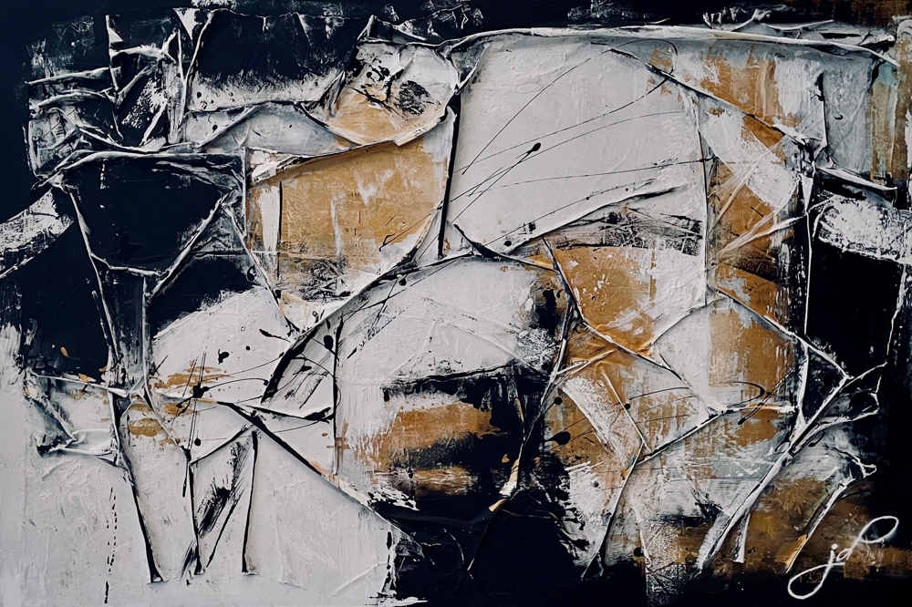 80 x 120 cm / black gold veil / Canvas and Mixmedia
