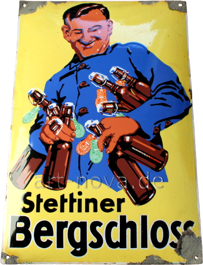 Uraltes Emailschild der Stettiner Bergschloss Brauerei um 1920, mit einem ausgefallenen Motiv