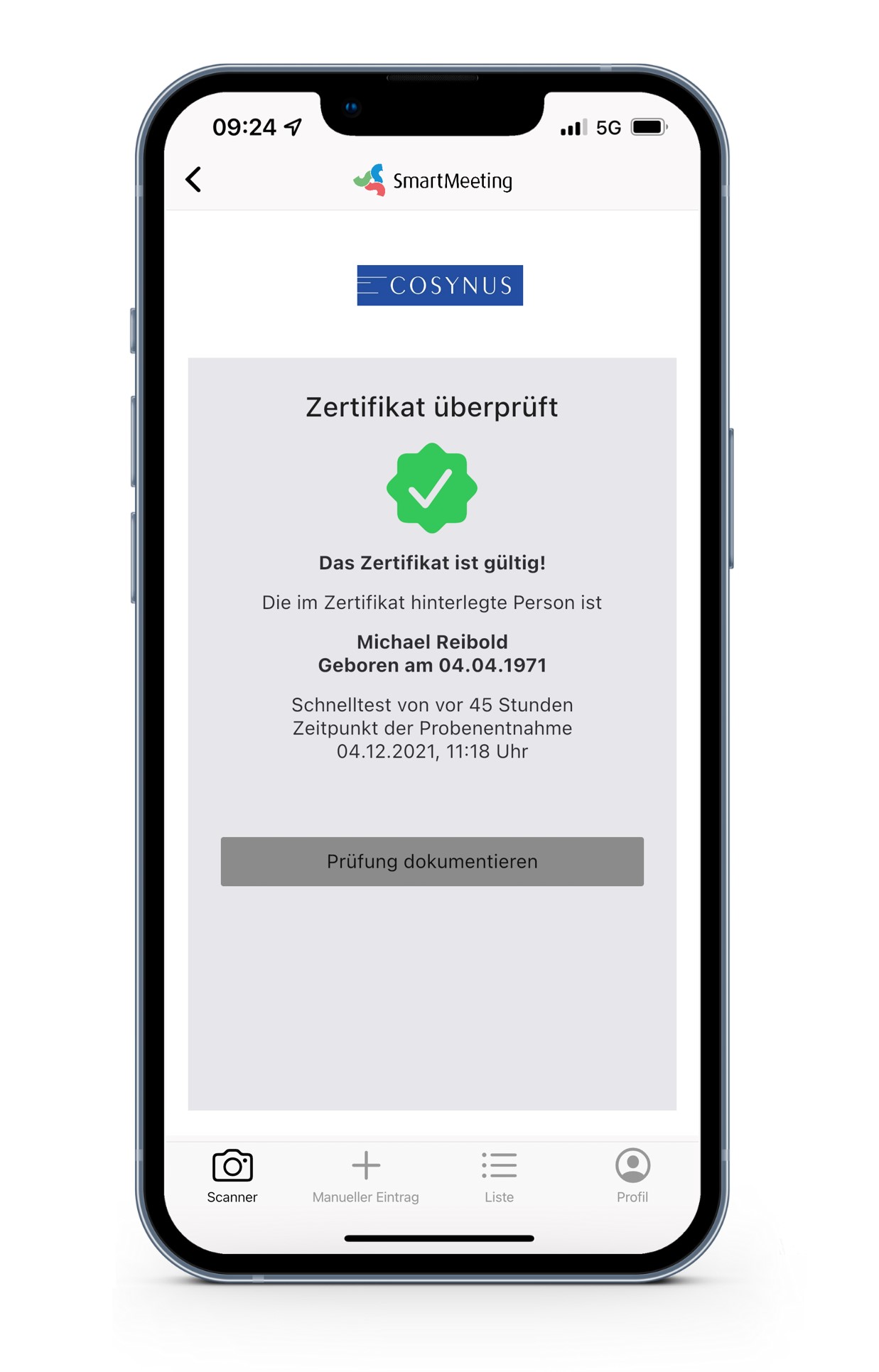 Smartphonebildschirm nach erfolgreicher Überprüfung eines Zertifikates mit grünem Häkchen, Name und Geburstdatum der überprüften Person sowie Zeitpunkt der Überprüfung für die 3G-Dokumentation