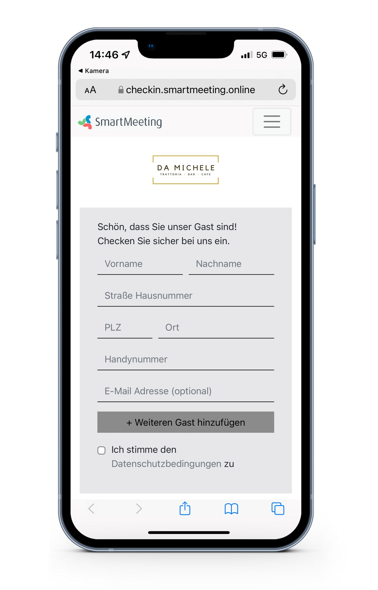 Smartphonebildschirm nach erstmaligem Öffnen der Web App, auf dem Formularfelder für die Kontaktdaten sowie ein Button zum Hinzufügen für weitere Gäste oder Besucher zu sehen sind
