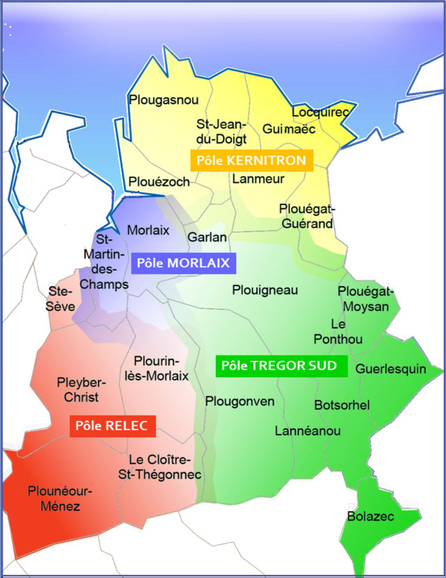 Carte de la paroisse St Yves :  La vie locale d'Eglise est assurée en proximité autour des 4 pôles de Morlaix, Relec, Kernitron et Trégor-Sud