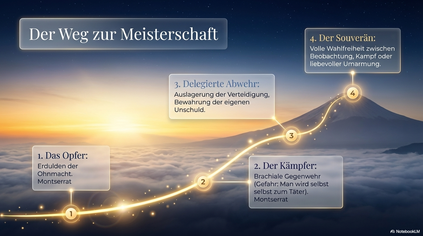 Leuchtender Pfad mit vier Stufen auf einen Berg: Opfer, Kämpfer, delegierte Abwehr und Souverän beschreiben die Entwicklung innerer Selbstbestimmung.