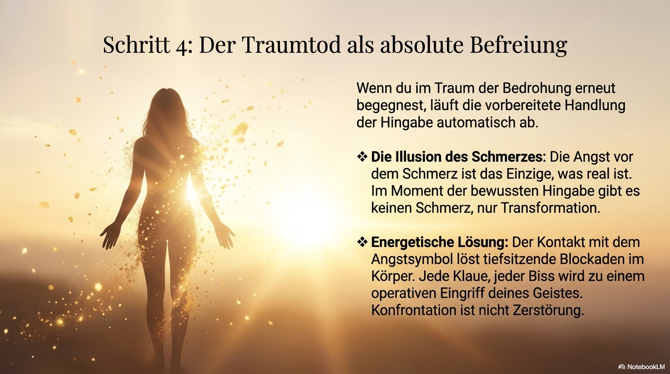 Leuchtende menschliche Gestalt im hellen Licht; Schritt 4 beschreibt den Traumtod als Befreiung, bei der Schmerzillusionen enden und Angstsymbole tief sitzende Blockaden lösen.