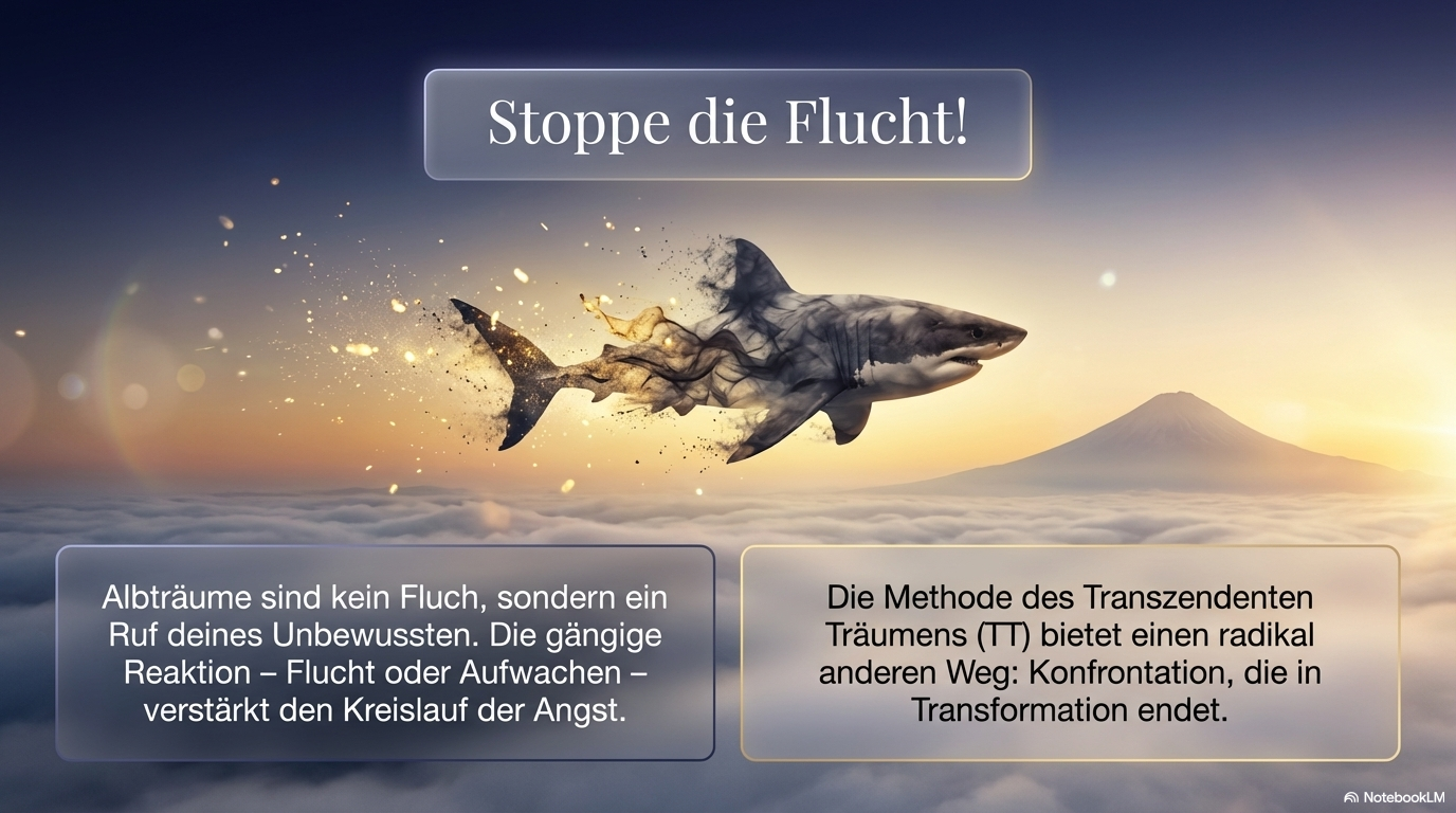 Ein weißer Hai schwebt über einer Wolkenlandschaft; die Folie erklärt, dass Flucht aus Albträumen den Angstkreislauf verstärkt und Konfrontation zur Transformation führt.