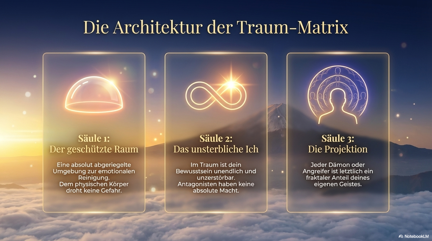 Drei leuchtende Säulen beschreiben den geschützten Raum, das unsterbliche Ich und die Projektion als Grundprinzipien des transzendenten Träumens.