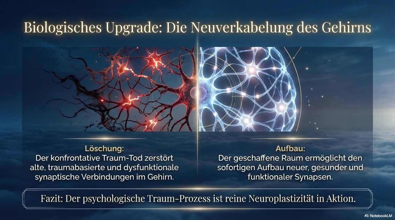 Vergleich zwischen zerstörten und neu vernetzten neuronalen Strukturen; zeigt Löschung dysfunktionaler synaptischer Verbindungen und Aufbau gesunder neuer Muster.