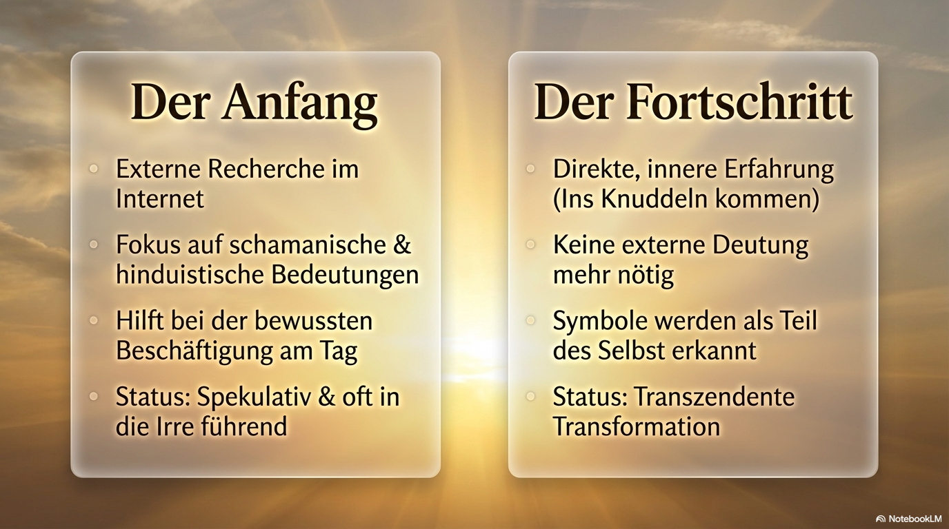 Vergleich zwischen Anfang und Fortschritt: links externe Recherche und spekulative Deutung, rechts direkte innere Erfahrung, Selbsterkenntnis und transzendente Transformation.