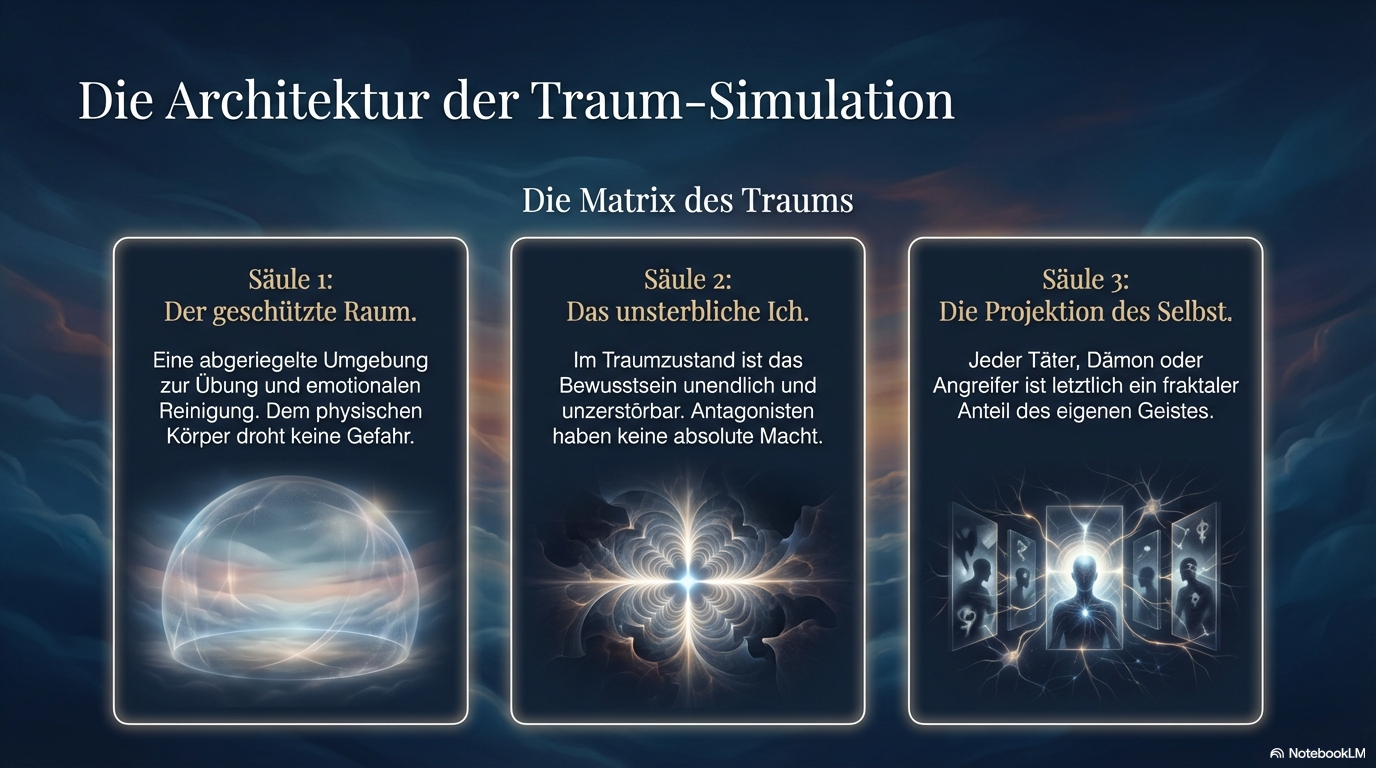 Drei Säulen beschreiben den geschützten Raum, das unsterbliche Ich und die Projektion des Selbst als Grundprinzipien der Traum-Simulation.