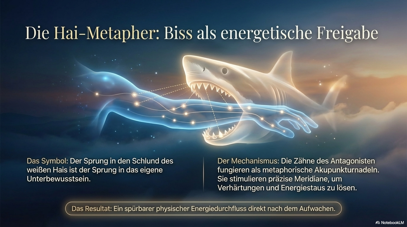 Weißer Hai beißt in einen leuchtenden Arm mit eingezeichneten Energielinien; die Folie deutet den Biss als symbolischen Zugriff auf Meridianpunkte und als Auslöser von Energiefluss.