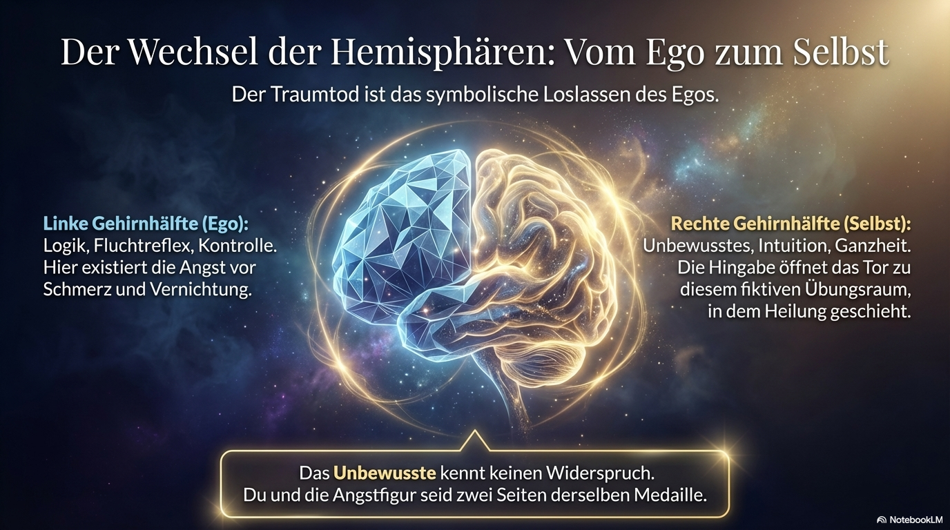 Grafik eines zweigeteilten Gehirns als Symbol für den Wechsel vom Ego zum Selbst; linke Seite steht für Kontrolle und Angst, rechte Seite für Intuition, Ganzheit und Heilung.