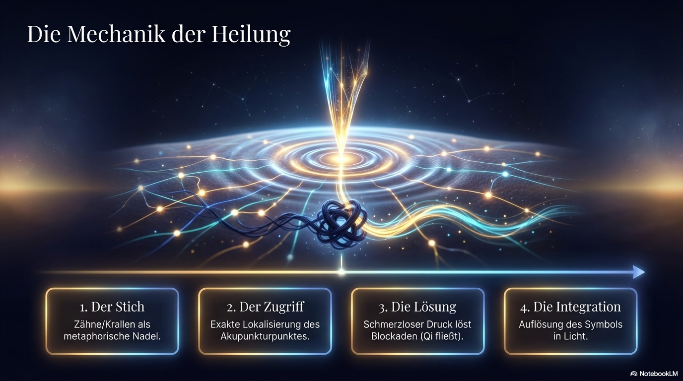 Schema eines Heilungsprozesses mit vier Schritten: Stich, Zugriff, Lösung und Integration; zeigt, wie symbolische Verletzung im Traum Blockaden löst und in Licht überführt.