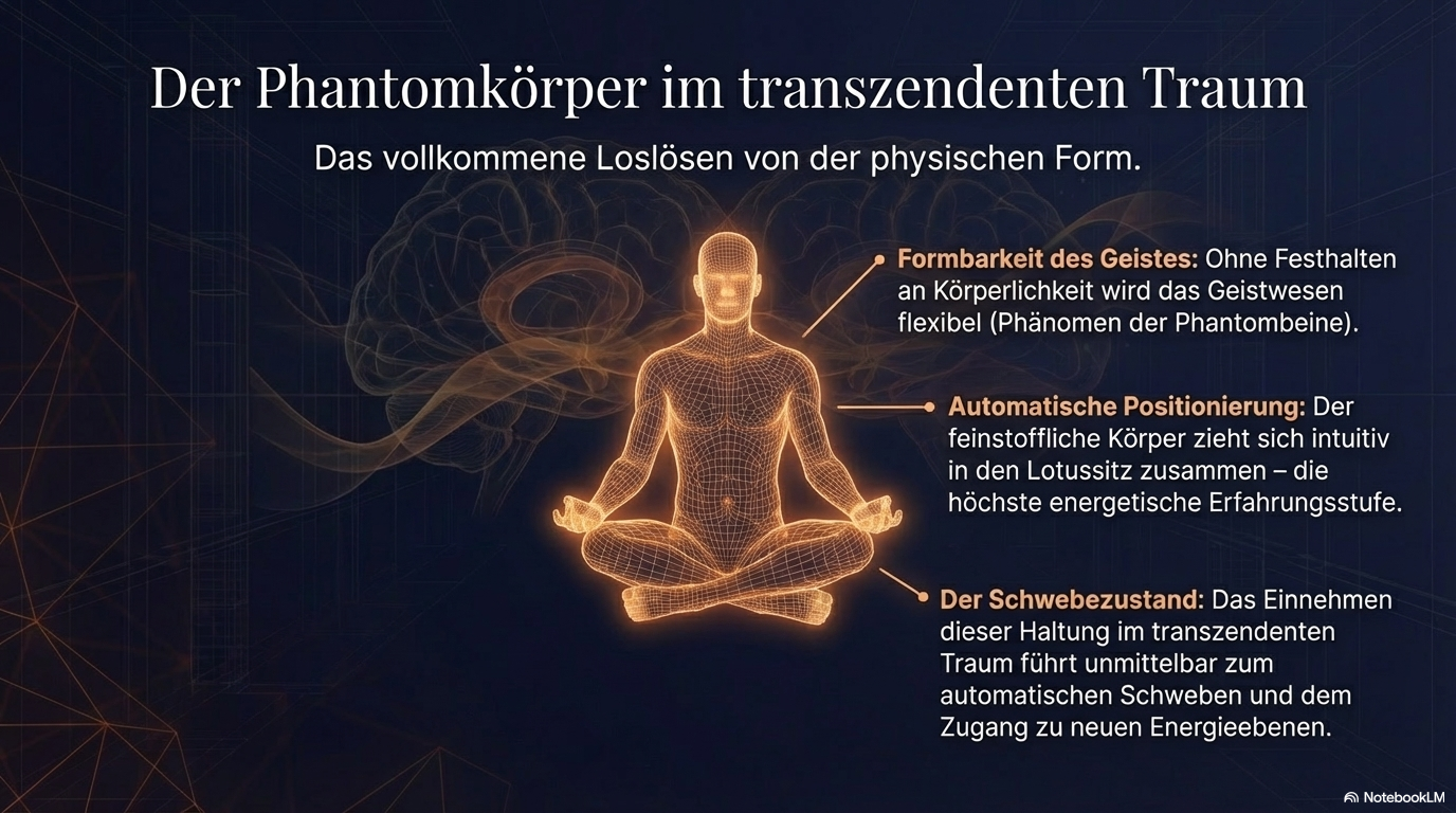 Meditierende Drahtgitter-Figur im Lotussitz vor Gehirnsilhouette; die Folie beschreibt das Loslösen von der physischen Form und den Zugang zu neuen Energieebenen.