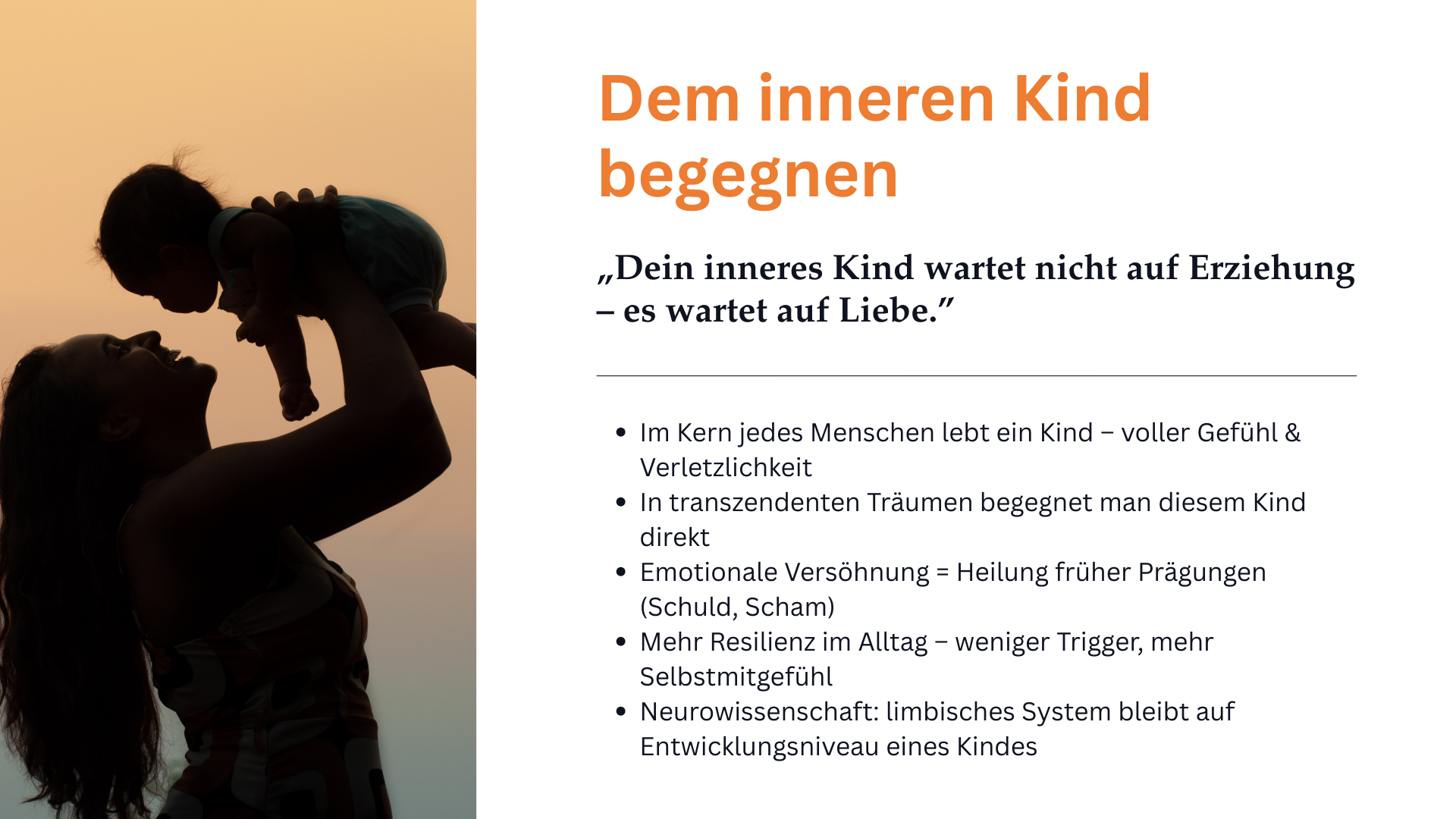 Textfolie über das innere Kind als Zentrum von Gefühl und Verletzlichkeit; beschreibt emotionale Versöhnung, Resilienz und Selbstmitgefühl.