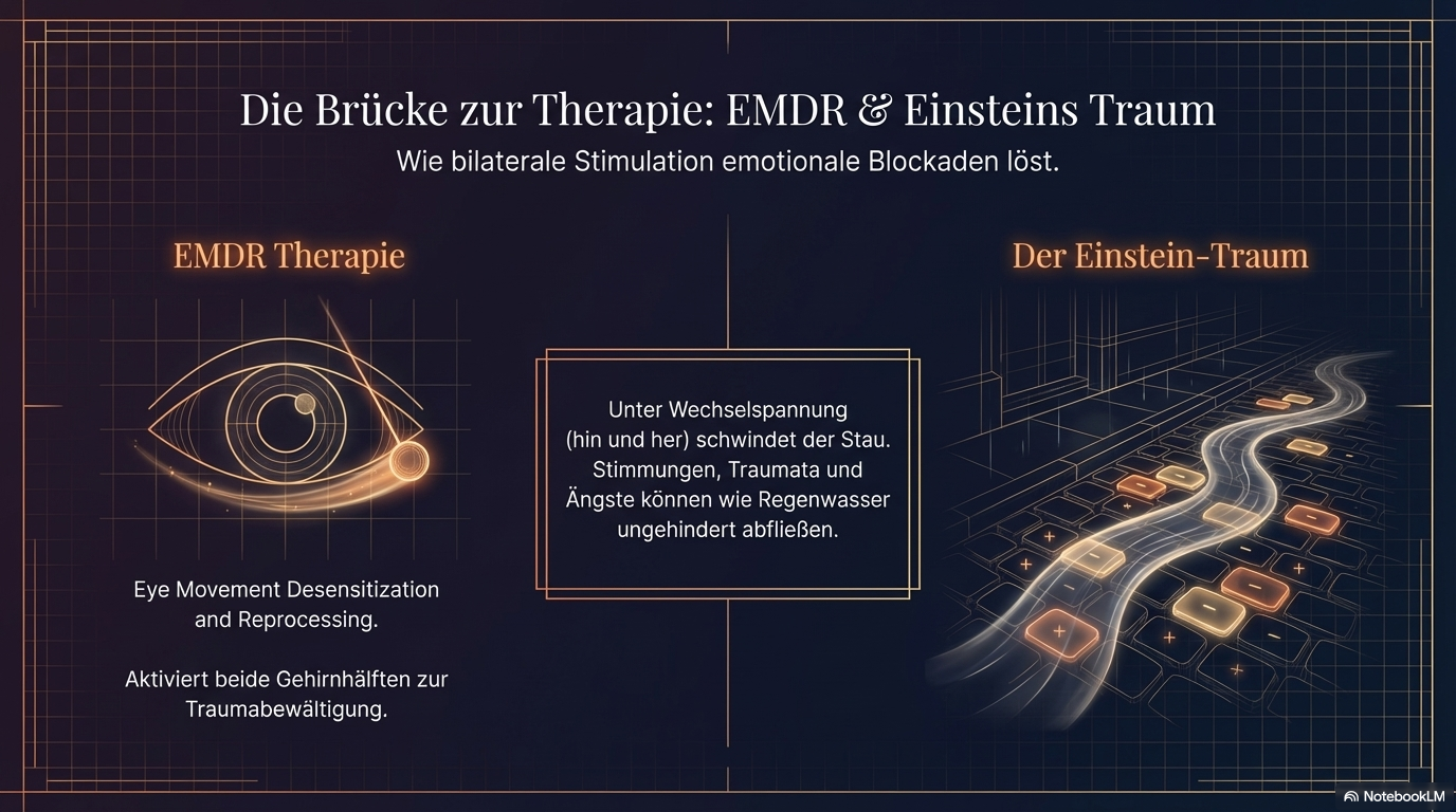 Gegenüberstellung von EMDR-Therapie und Einstein-Traum mit Auge und fließender Lichtbahn; bilaterale Stimulation wird als Auflösung emotionaler Blockaden erklärt.