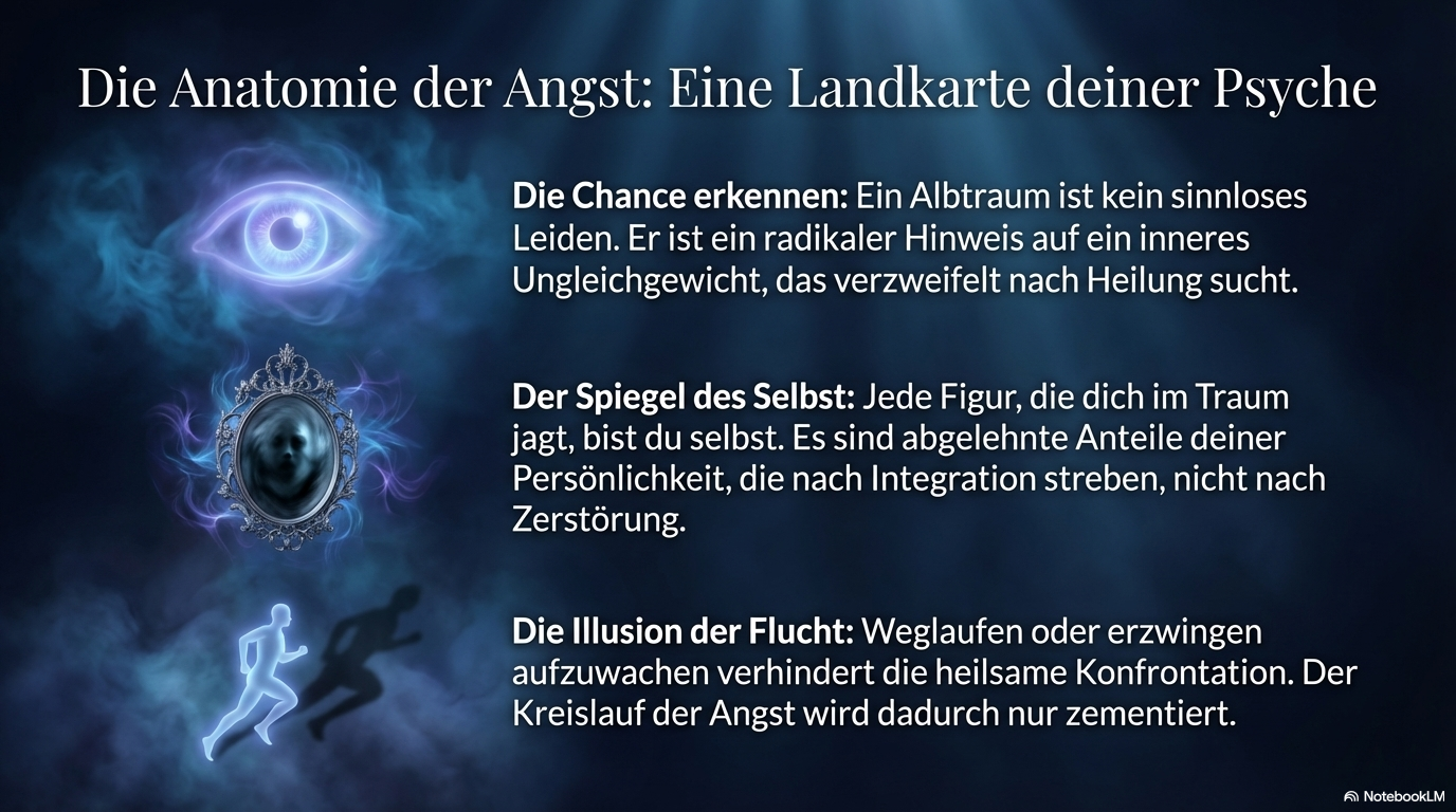 Infografik zur „Anatomie der Angst“ mit leuchtendem Auge, Spiegel und laufender Figur; erklärt Albtraum als Hinweis auf inneres Ungleichgewicht, Selbstspiegelung und die Illusion der Flucht.