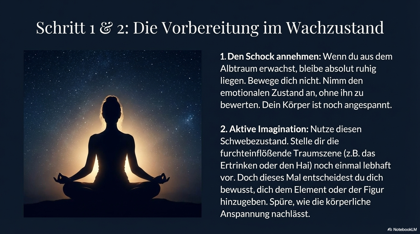 Meditierende Silhouette vor Sternenhimmel; beschreibt die ersten beiden Schritte im Wachzustand: nach dem Albtraum ruhig bleiben und die Angstsituation in aktiver Imagination neu durchgehen.
