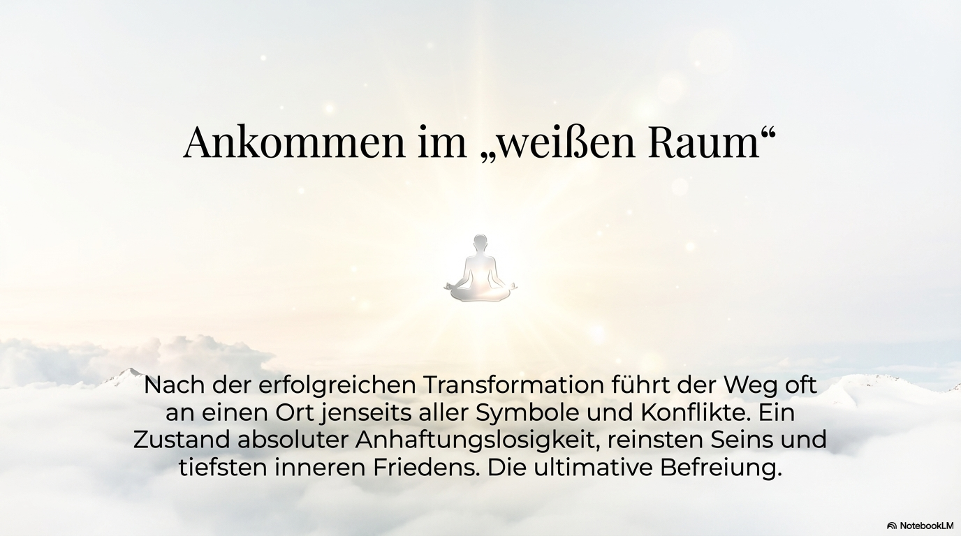 Fast vollständig weiße Szene mit meditierender Figur im Zentrum; die Folie beschreibt den weißen Raum als Zustand tiefsten Friedens, reinen Seins und ultimativer Befreiung.