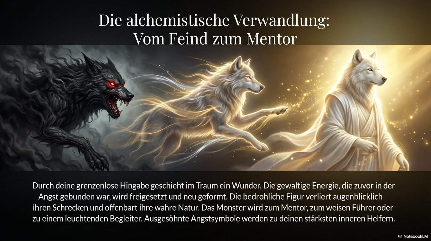 Dreistufige Verwandlung eines schwarzen Wolfs in einen weißen, lichtvollen Mentor; zeigt die alchemistische Transformation von Angstfigur, Feind und Monster zu innerem Helfer.