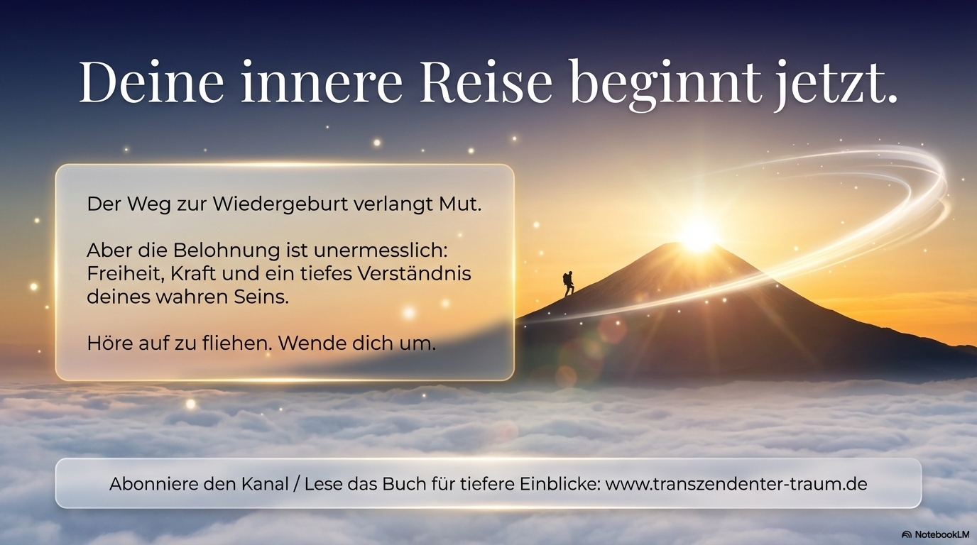 Wandernde Figur steigt im Sonnenlicht einen Berg hinauf; Abschlussfolie mit Einladung, die innere Reise mutig zu beginnen und nicht länger vor der Angst zu fliehen.
