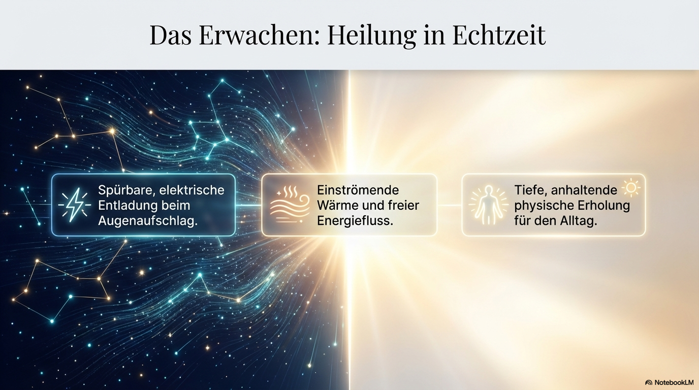 Übergang von elektrischer Energie in helles Licht; die Folie beschreibt spürbare Entladung, Wärme, freien Energiefluss und anhaltende physische Erholung nach dem Aufwachen.