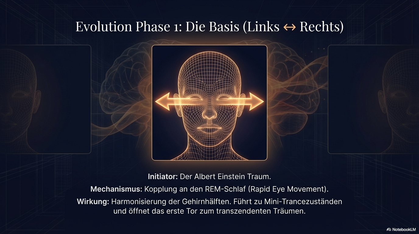Frontaler Drahtgitter-Kopf mit Doppelpfeil zwischen den Seiten; die Folie beschreibt die Grundbewegung des Pendels als Basis und Einstieg ins transzendente Träumen.