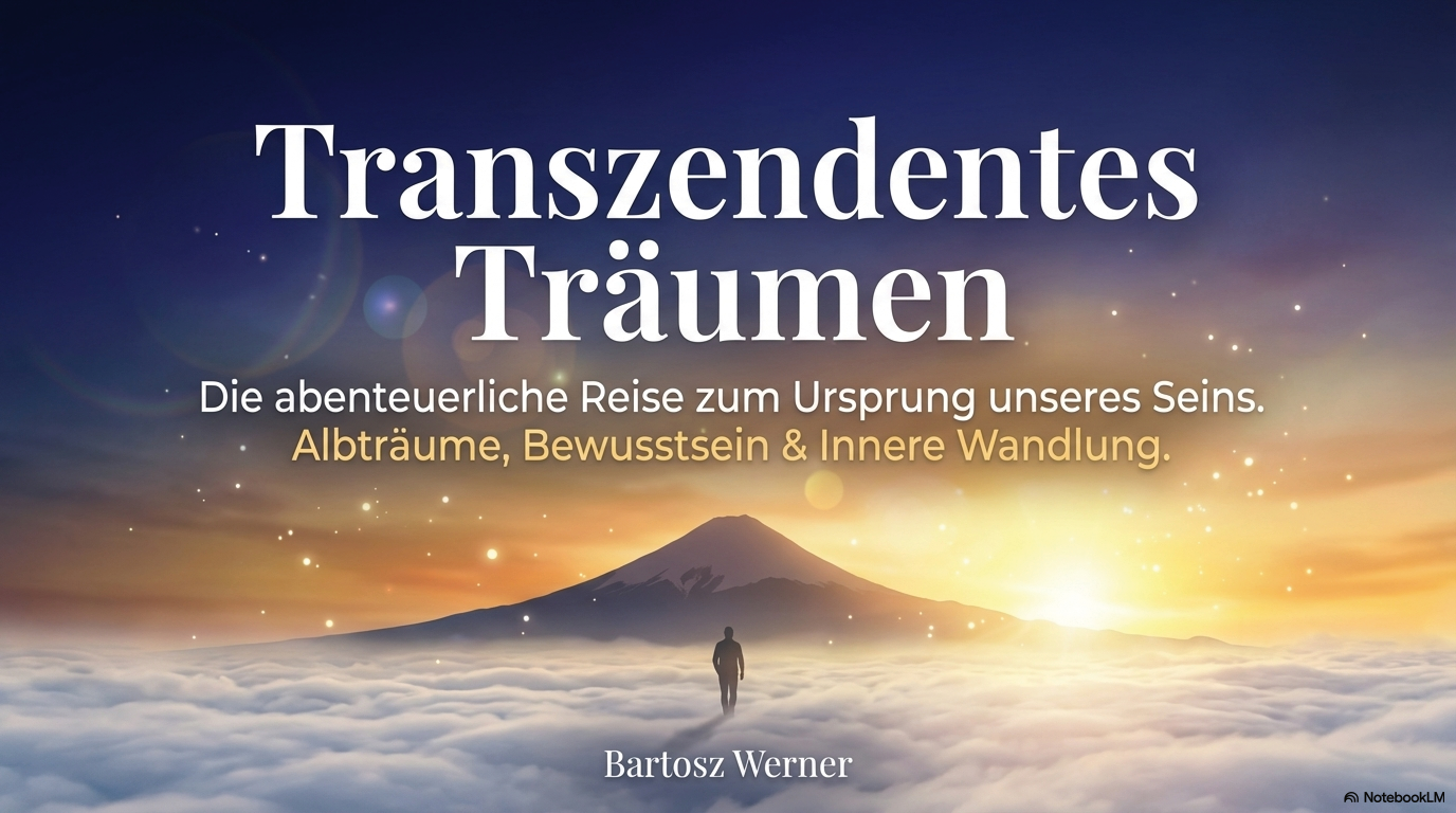 Titelbild mit Sonnenaufgang über den Wolken, Bergsilhouette und einzelner stehender Figur; Einführung in Transzendentes Träumen als Reise zu Bewusstsein, Albträumen und innerer Wandlung.