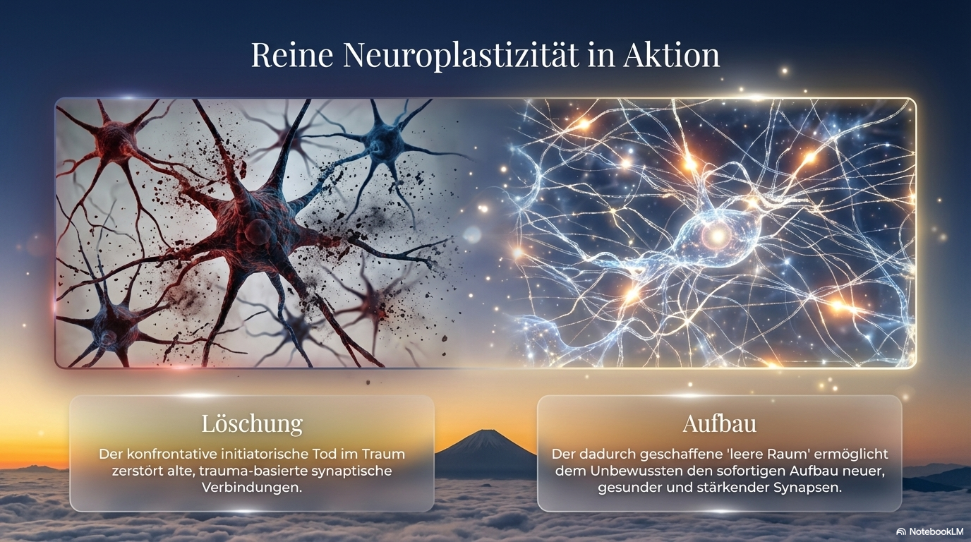 Gegenüberstellung von zerstörten und neu vernetzten Nervenzellen; die Folie beschreibt, wie alte trauma-basierte Verknüpfungen gelöscht und neue gestärkende Synapsen aufgebaut werden.