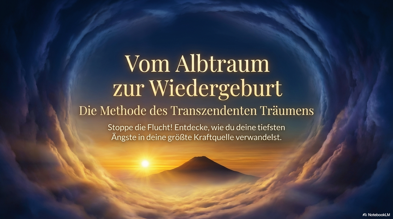 Titelbild zur Methode des Transzendenten Träumens: goldener Sonnenaufgang in einem wolkenförmigen Tunnel mit Bergsilhouette, Überschrift „Vom Albtraum zur Wiedergeburt“.