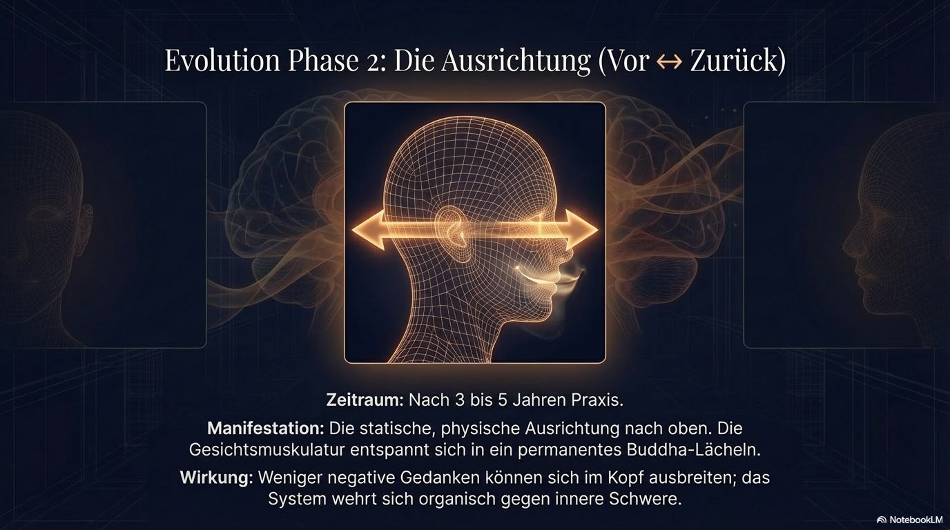 Seitenprofil eines Drahtgitter-Kopfes mit horizontalem Pfeil von vorne nach hinten; die Folie beschreibt die spätere Ausrichtung und die Abnahme negativer Gedanken.