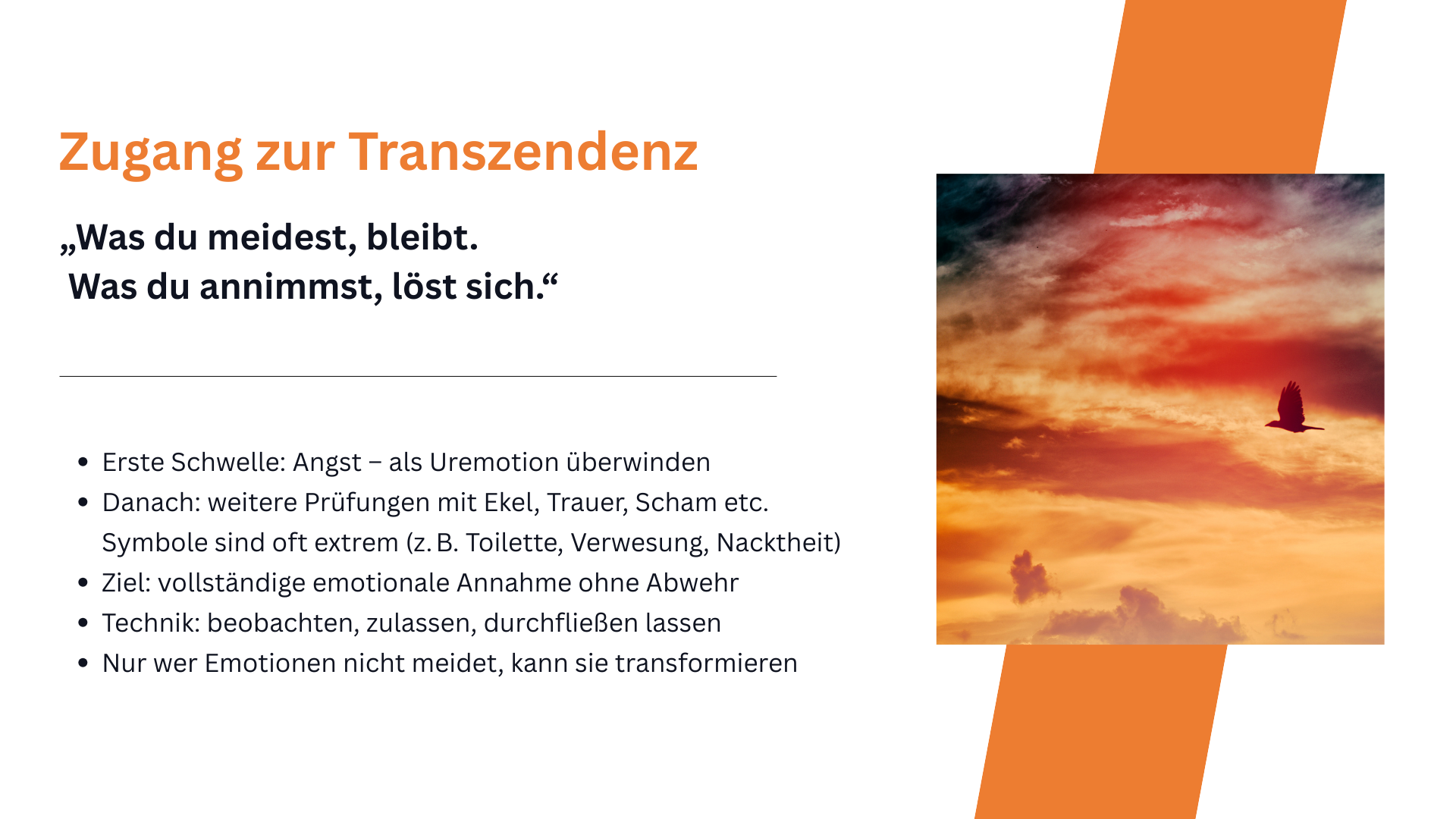 Textfolie über Angst, Ekel, Scham und weitere Prüfungen; beschreibt vollständige emotionale Annahme als Voraussetzung für Transformation.