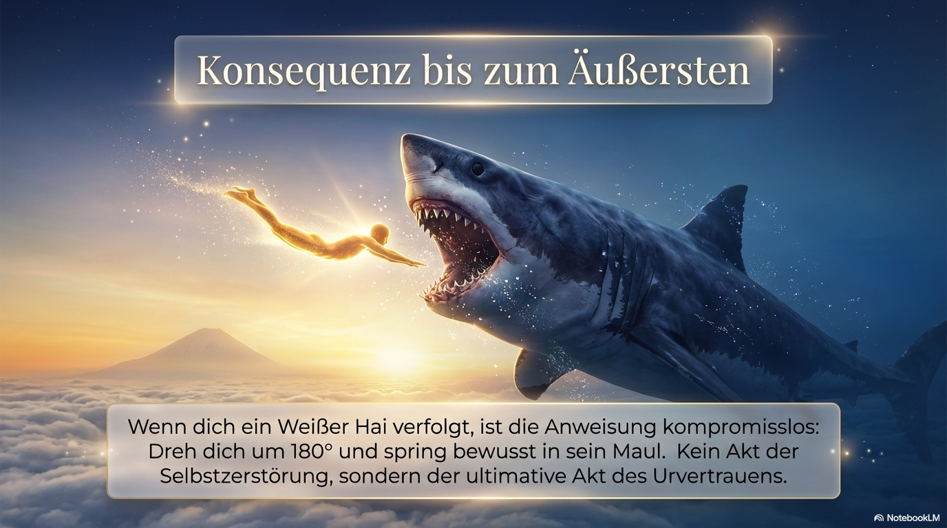 Leuchtende menschliche Figur springt einem weißen Hai direkt ins offene Maul; die Folie veranschaulicht radikale Hingabe als Akt des Urvertrauens.
