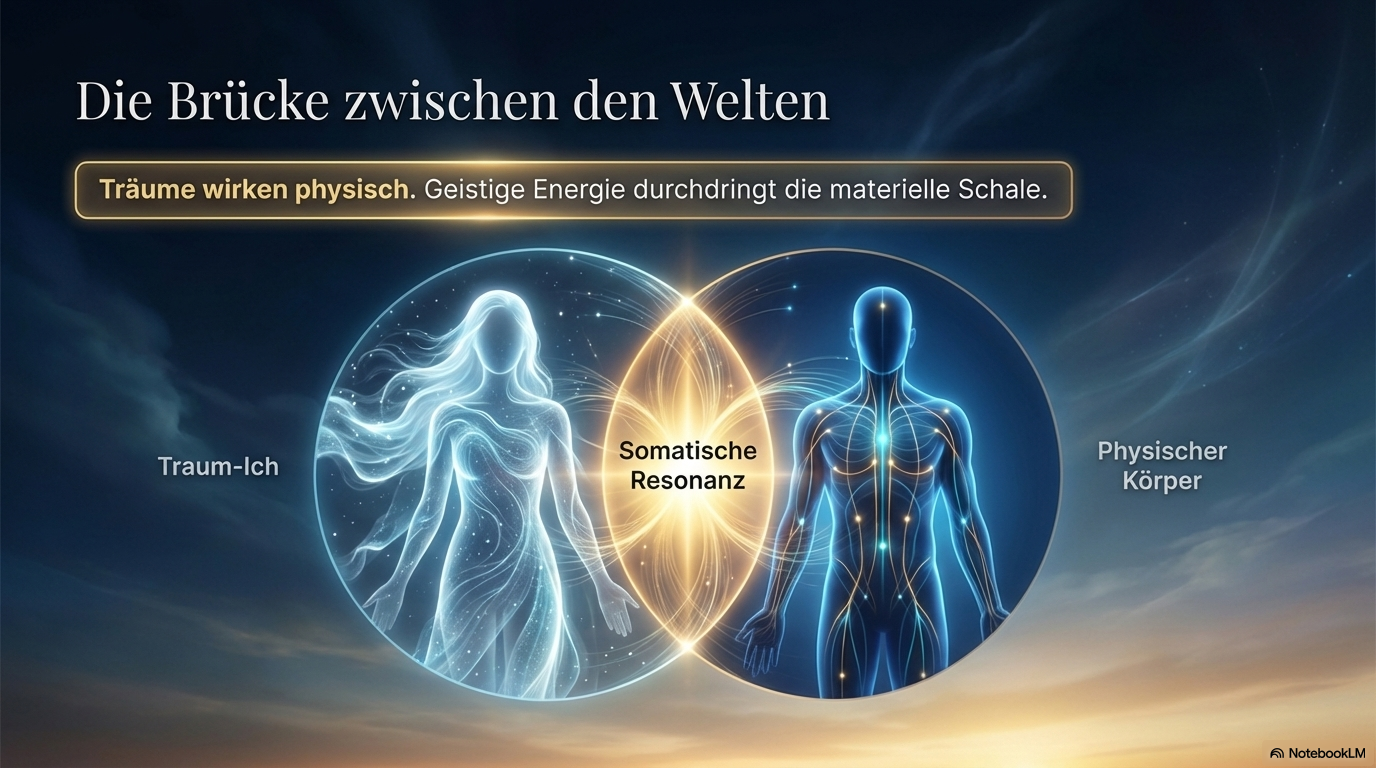 Zwei überlappende Kreise verbinden ein lichtvolles Traum-Ich mit einem physischen Körper; die Folie erklärt somatische Resonanz als Verbindung geistiger und körperlicher Ebenen.