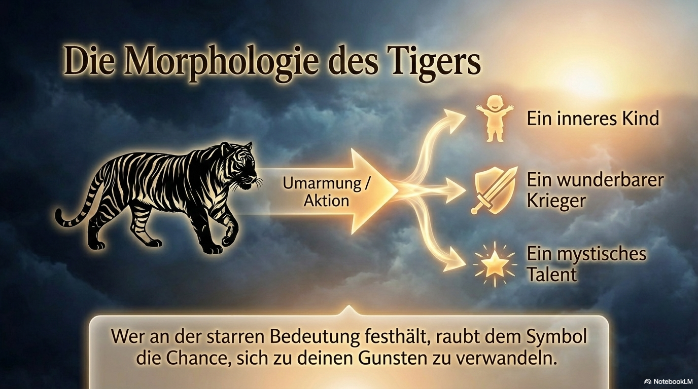 Tiger wandelt sich durch Umarmung und Aktion in verschiedene Potenziale wie inneres Kind, wunderbarer Krieger und mystisches Talent; die Folie zeigt die offene Entwicklungsfähigkeit von Traumsymbolen.