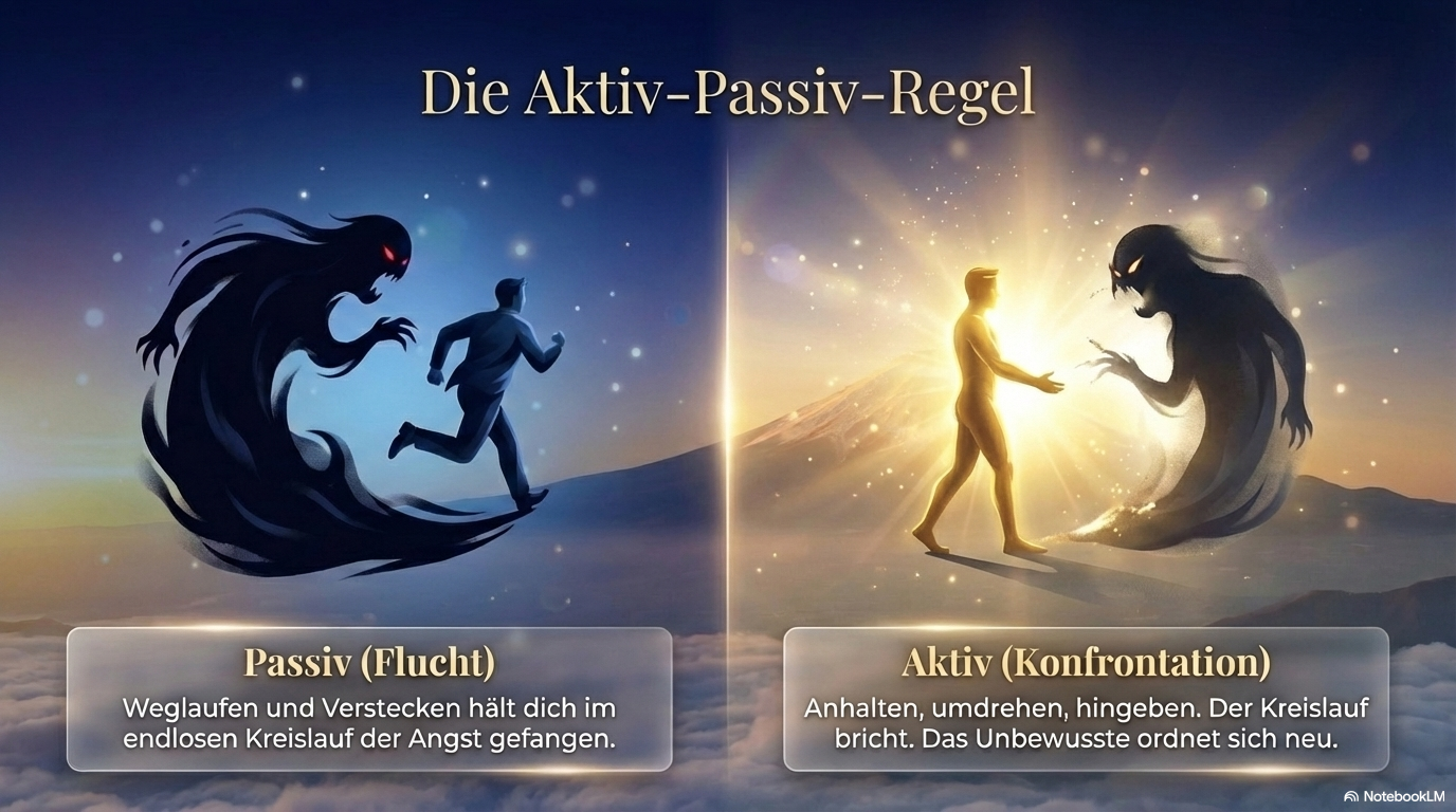 Gegenüberstellung von Flucht und Konfrontation: links rennt eine Figur vor einem Schattenwesen davon, rechts begegnet sie ihm bewusst im Licht.