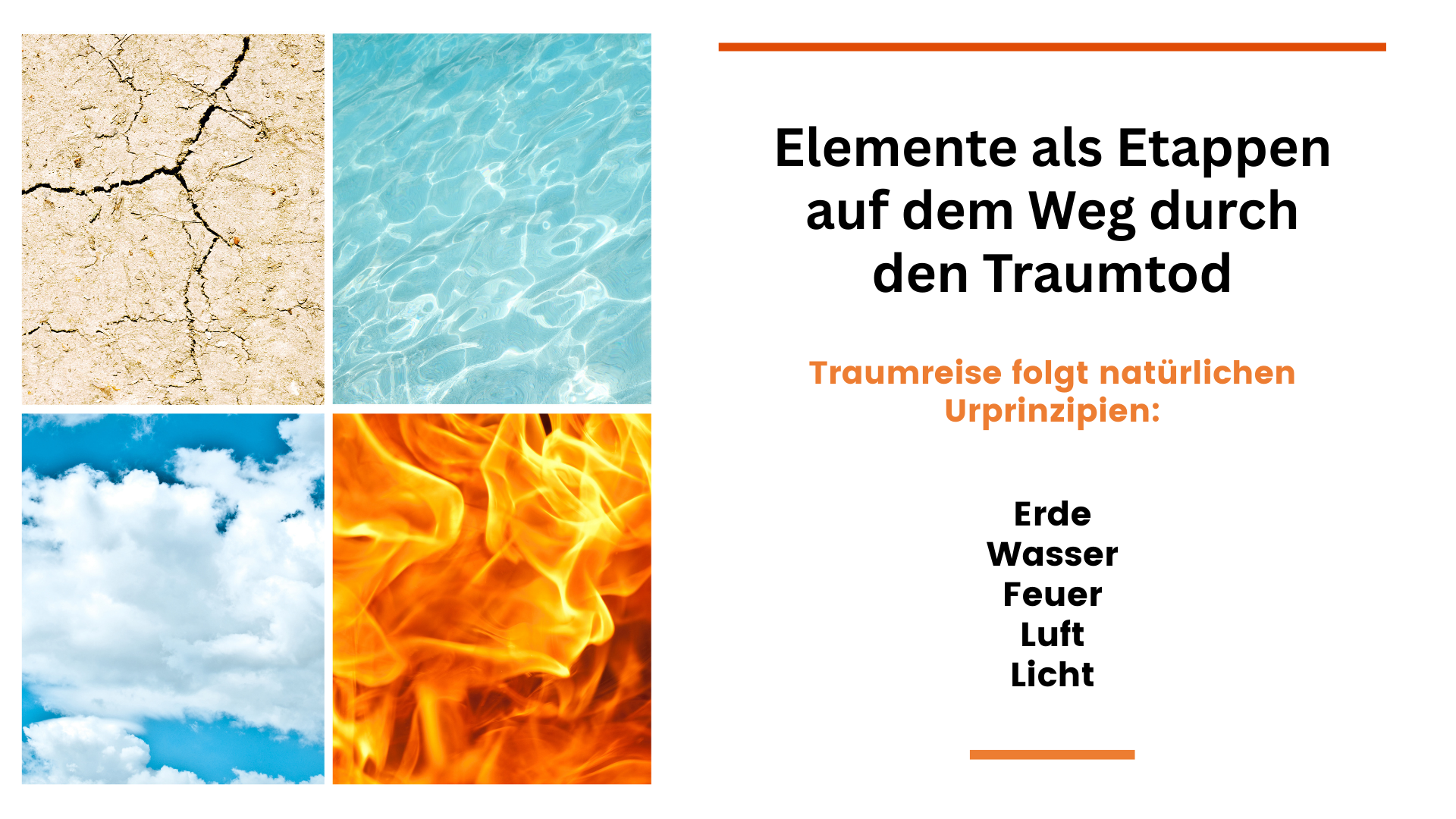 Folie mit Erde, Wasser, Luft und Feuer; ordnet natürliche Elemente als Stationen auf dem Weg durch den Traumtod ein.