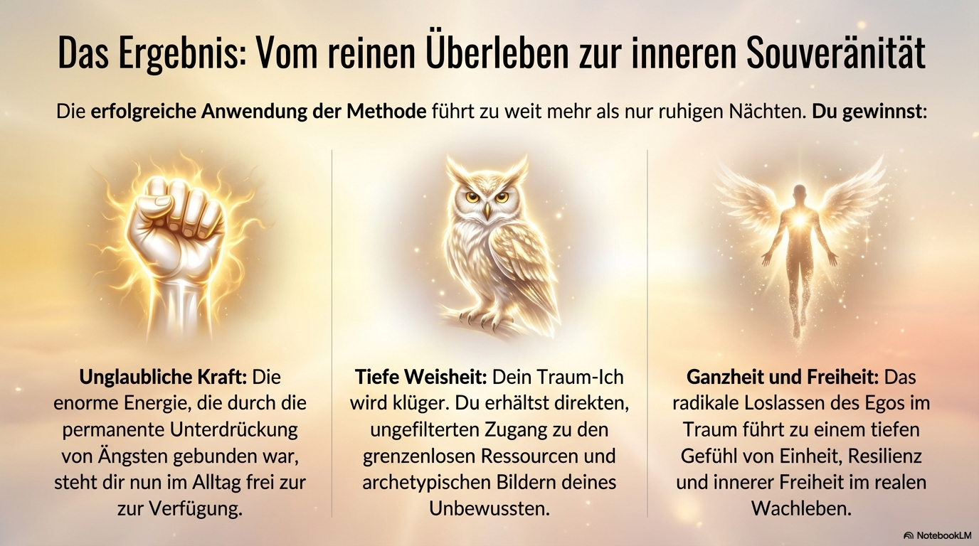 Ergebnisfolie mit leuchtender Faust, Eule und Engelsgestalt; steht für neue Kraft, tiefere Weisheit sowie Ganzheit und innere Freiheit durch die Methode des Transzendenten Träumens.