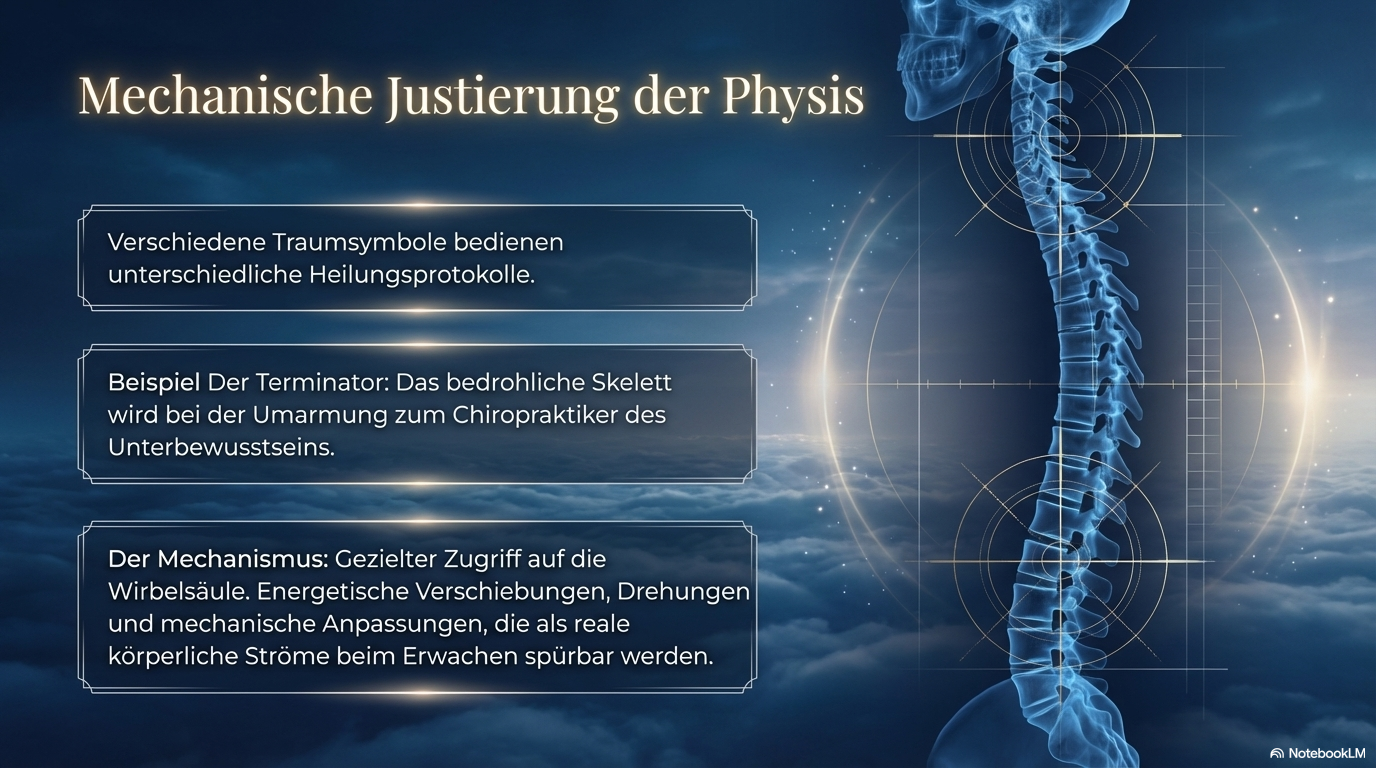 Leuchtende Wirbelsäule mit Zielmarkierungen; die Folie beschreibt körperbezogene Heilungsprotokolle im Traum und gezielte energetische Anpassungen an der Wirbelsäule.