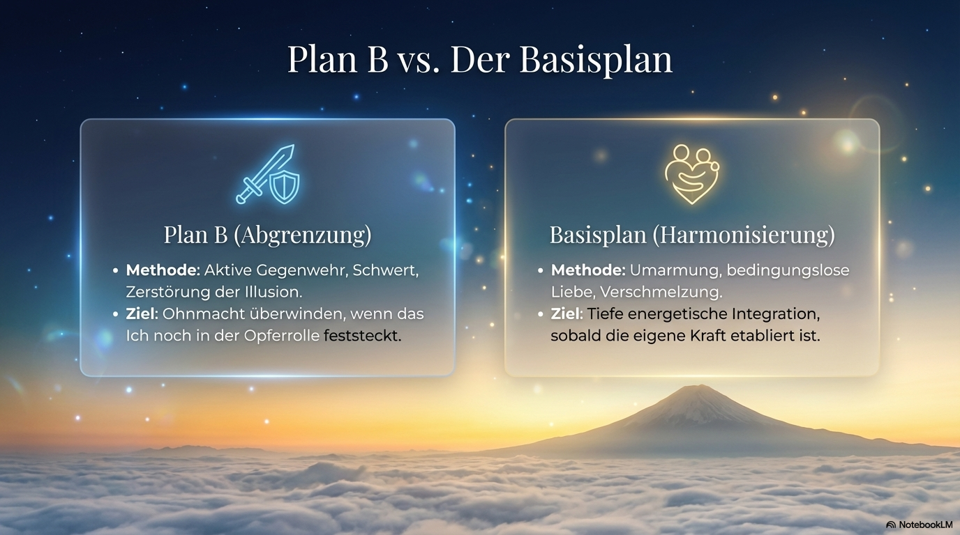 Vergleich zweier Strategien im Traum: Abgrenzung und Gegenwehr stehen Umarmung, Harmonisierung und energetischer Integration gegenüber.